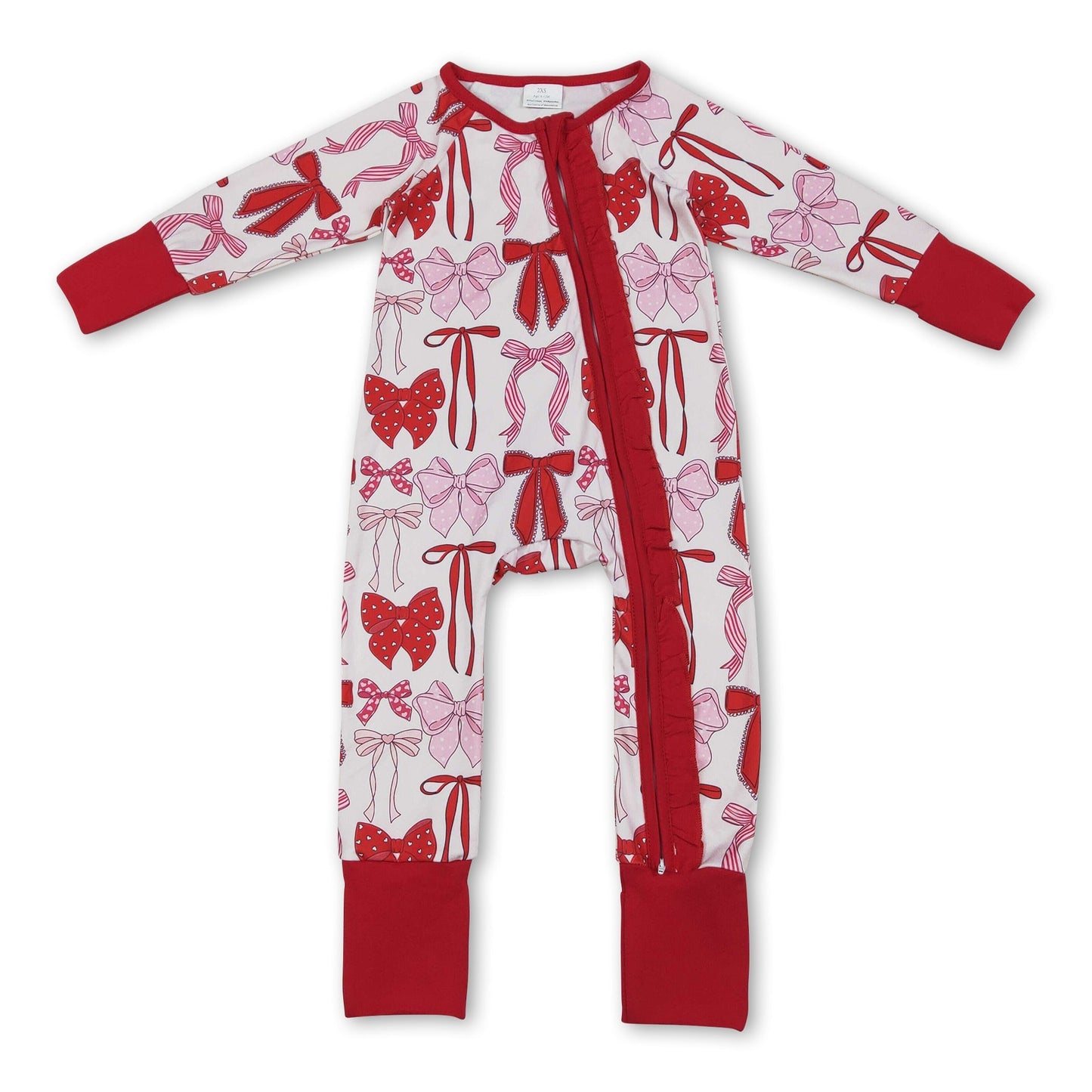 Langarm Strampler für Baby-Mädchen mit Reißverschluss, rot-rosa Schleifen