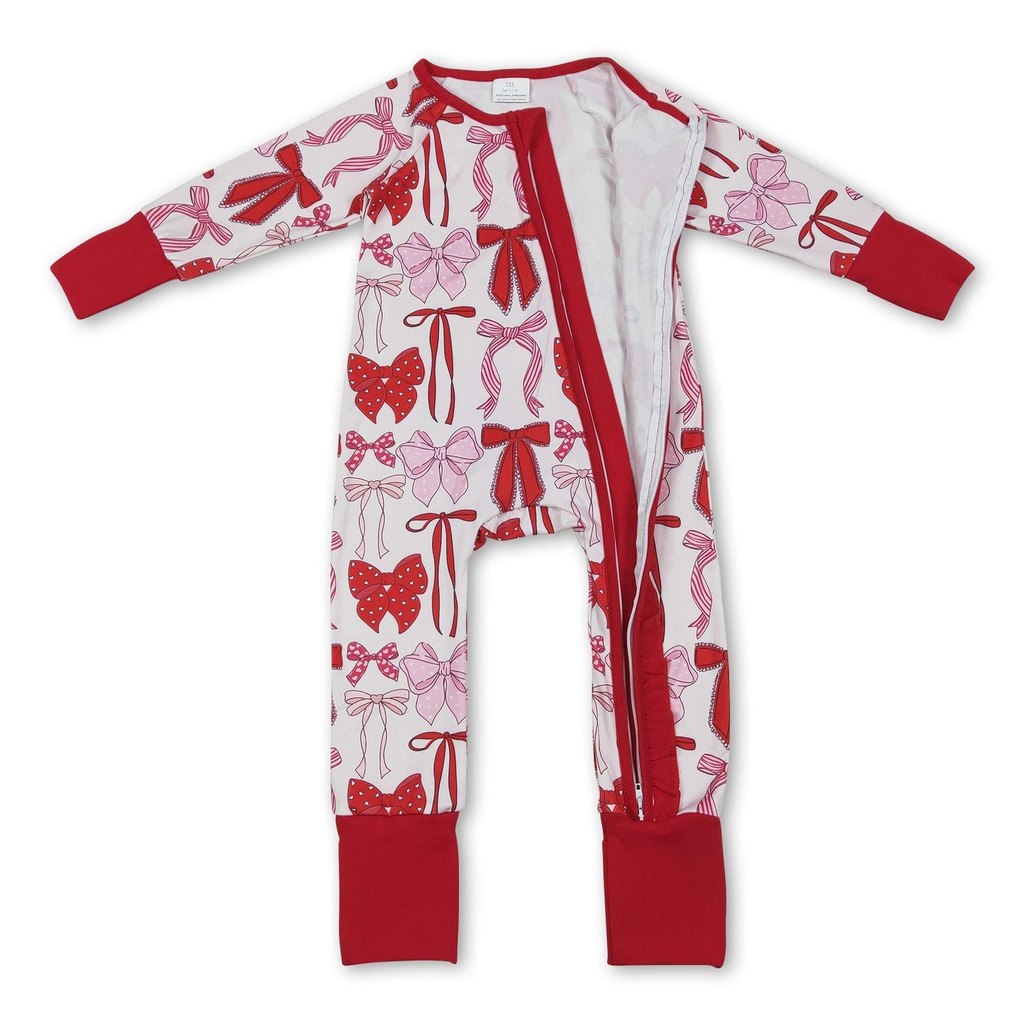 Langarm Strampler für Baby-Mädchen mit Reißverschluss, rot-rosa Schleifen