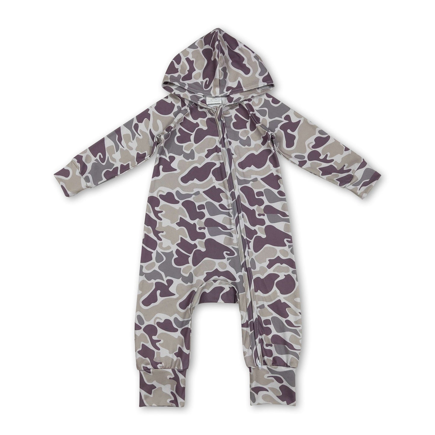 Langärmeliger, hellkhakifarbener Camouflage-Strampler mit Kapuze und Reißverschluss für Babys