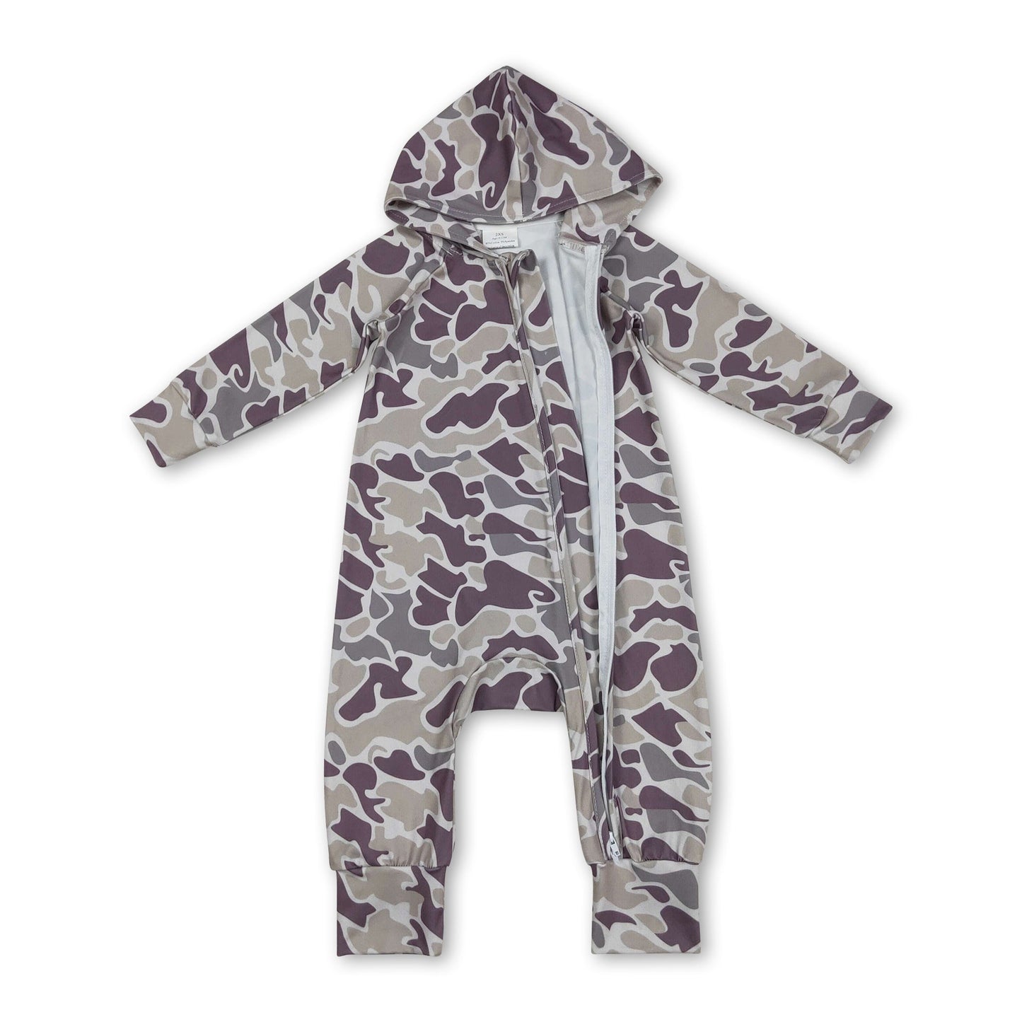 Langärmeliger, hellkhakifarbener Camouflage-Strampler mit Kapuze und Reißverschluss für Babys