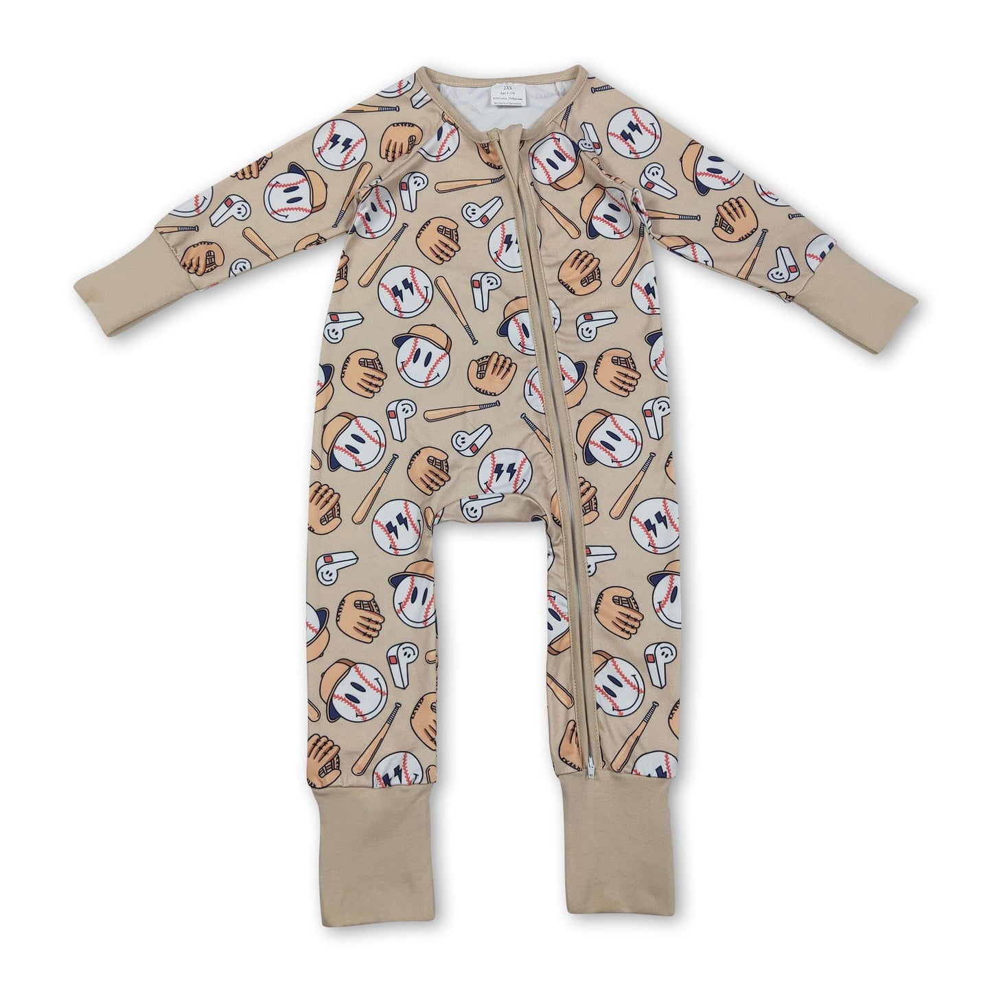Langärmliger Khaki-Baseball-Strampler für Babys und Kinder mit Reißverschluss