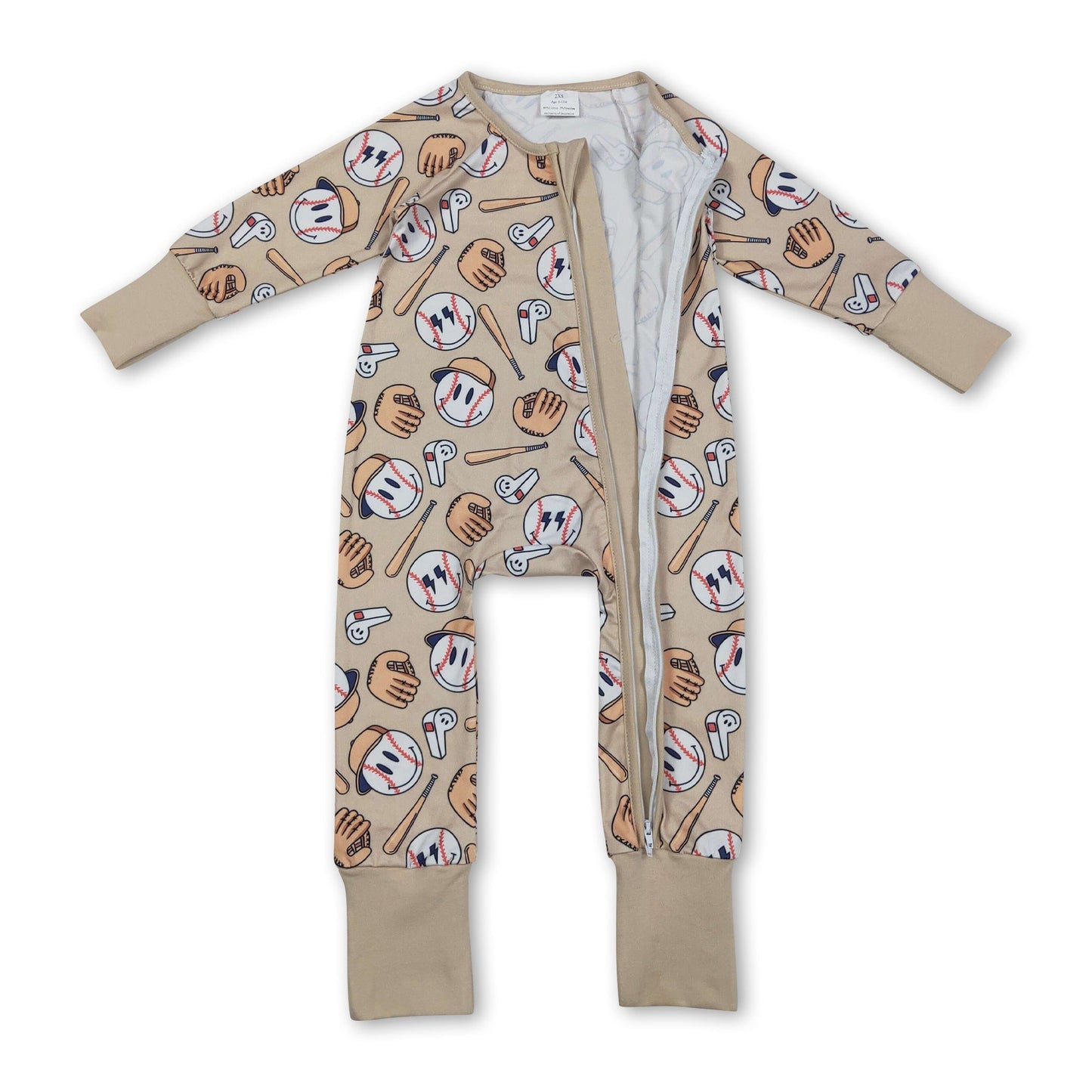 Langärmliger Khaki-Baseball-Strampler für Babys und Kinder mit Reißverschluss