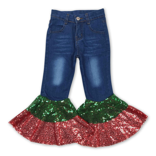 Grüne rote Pailletten-Schlagjeans für Mädchen, Weihnachtsjeans