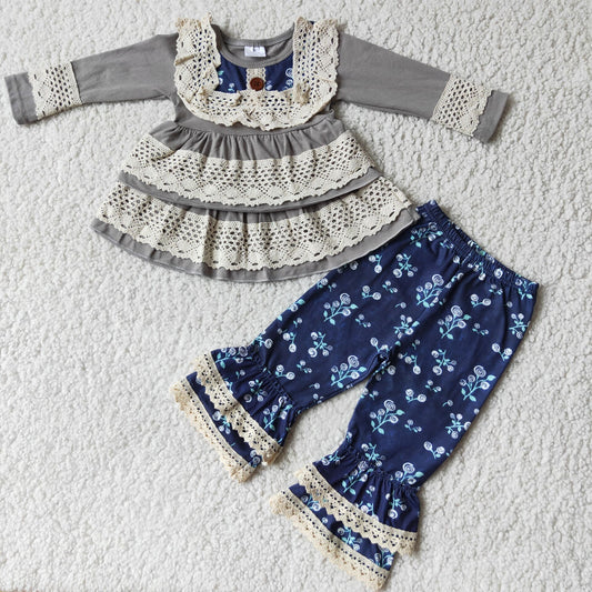 Graue Baumwollspitze Hemd Rüschenhose Kinder Boutique-Kleidung