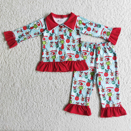 Blue green face print long sleeve Chrismtas pajamas