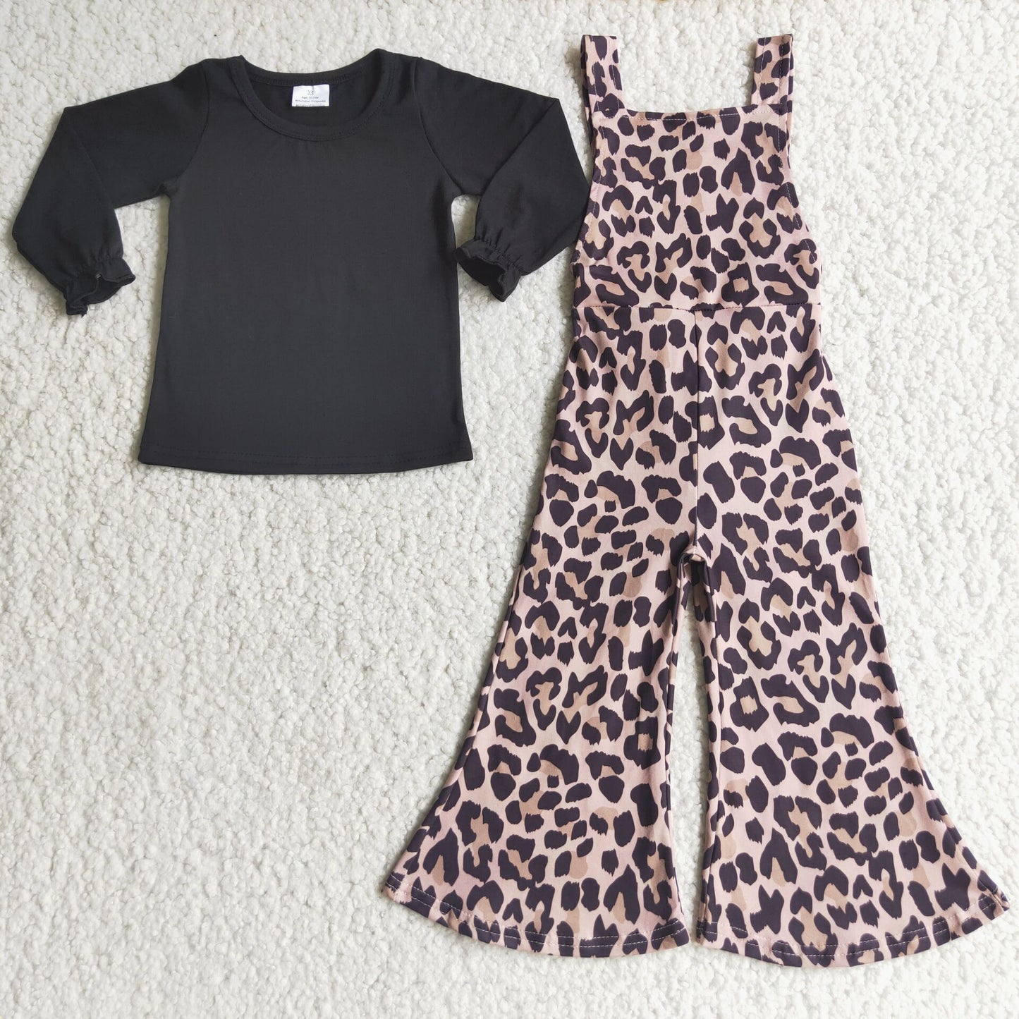 Schwarzes Baumwollshirt Leopardenmuster Overalls Mädchenkleidung
