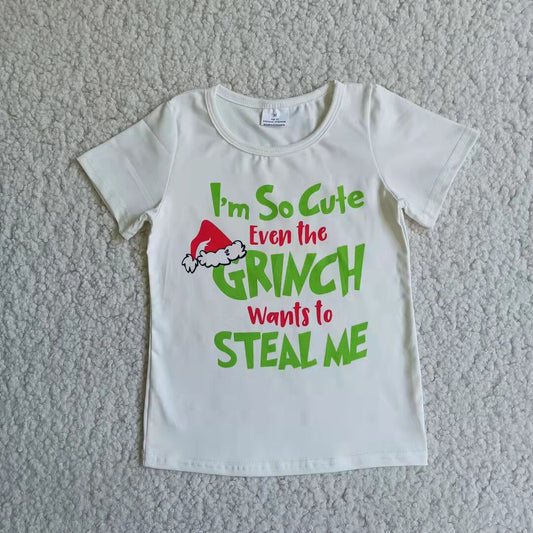 Weißes, kurzärmliges grünes Mädchen-Weihnachtsshirt mit Gesichts-Siebdruck