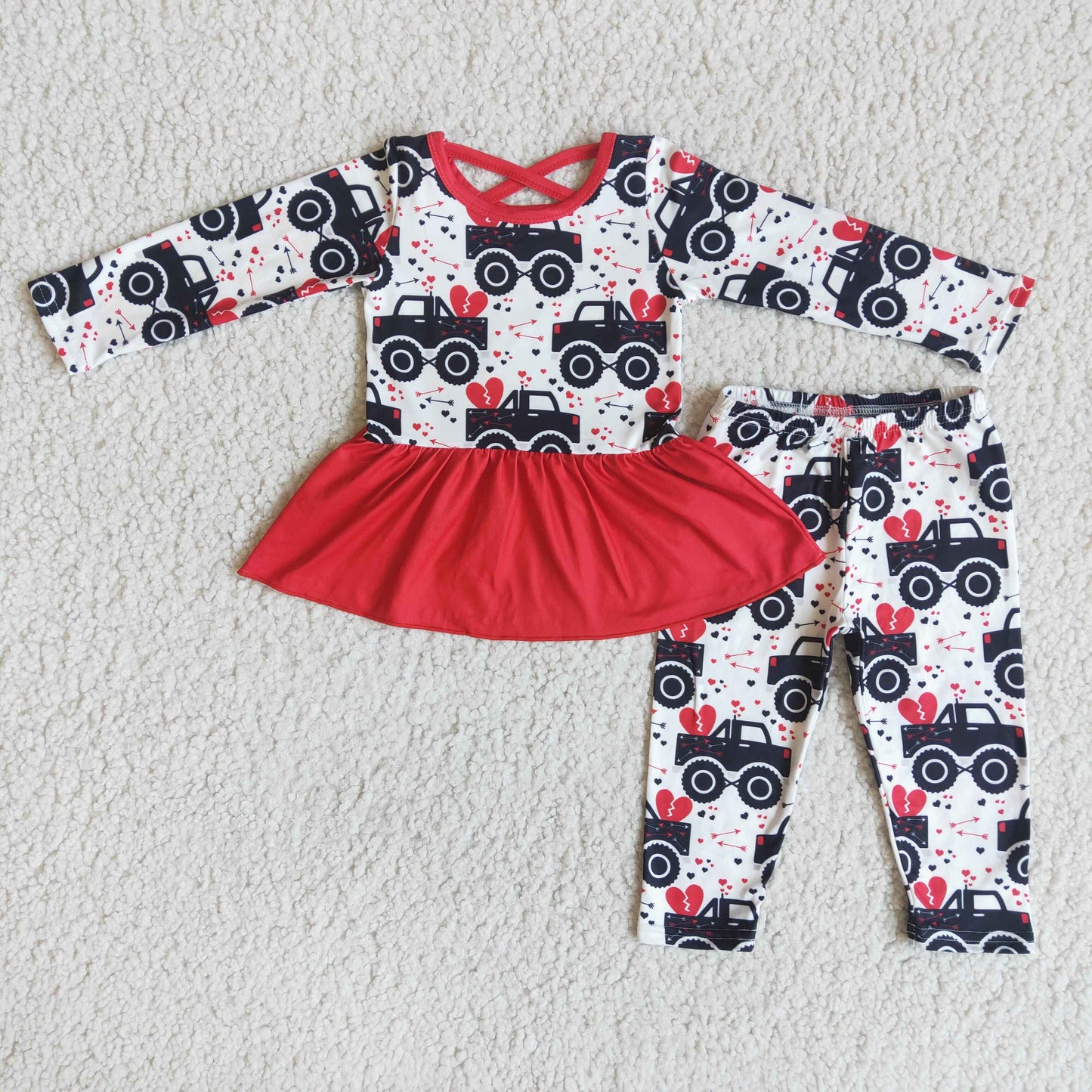 Traktor-Herz-Print Schößchen-Leggings Mädchen Valentinstags-Kleidungsset