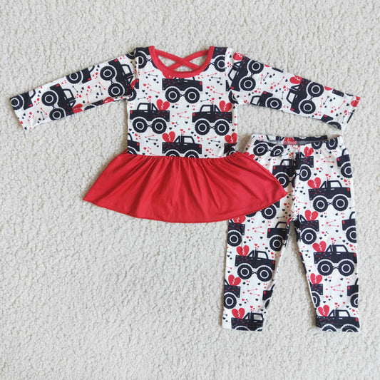 Traktor-Herz-Print Schößchen-Leggings Mädchen Valentinstags-Kleidungsset
