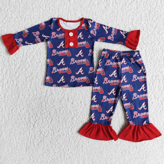 Braves print ruffle long sleeve girls team pajamas
