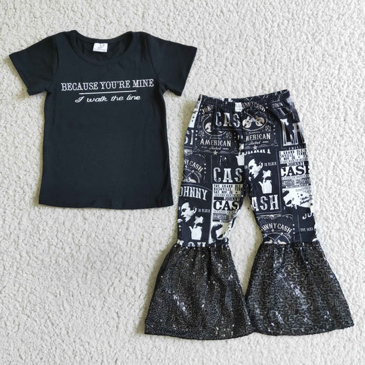 Mädchen Schwarzes Baumwoll-Vinyl-Shirt Paillettenhose Sängerinnen-Outfit