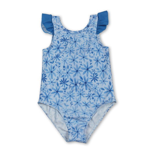 Blue flutter sleeves floral baby girls summer swimsuit