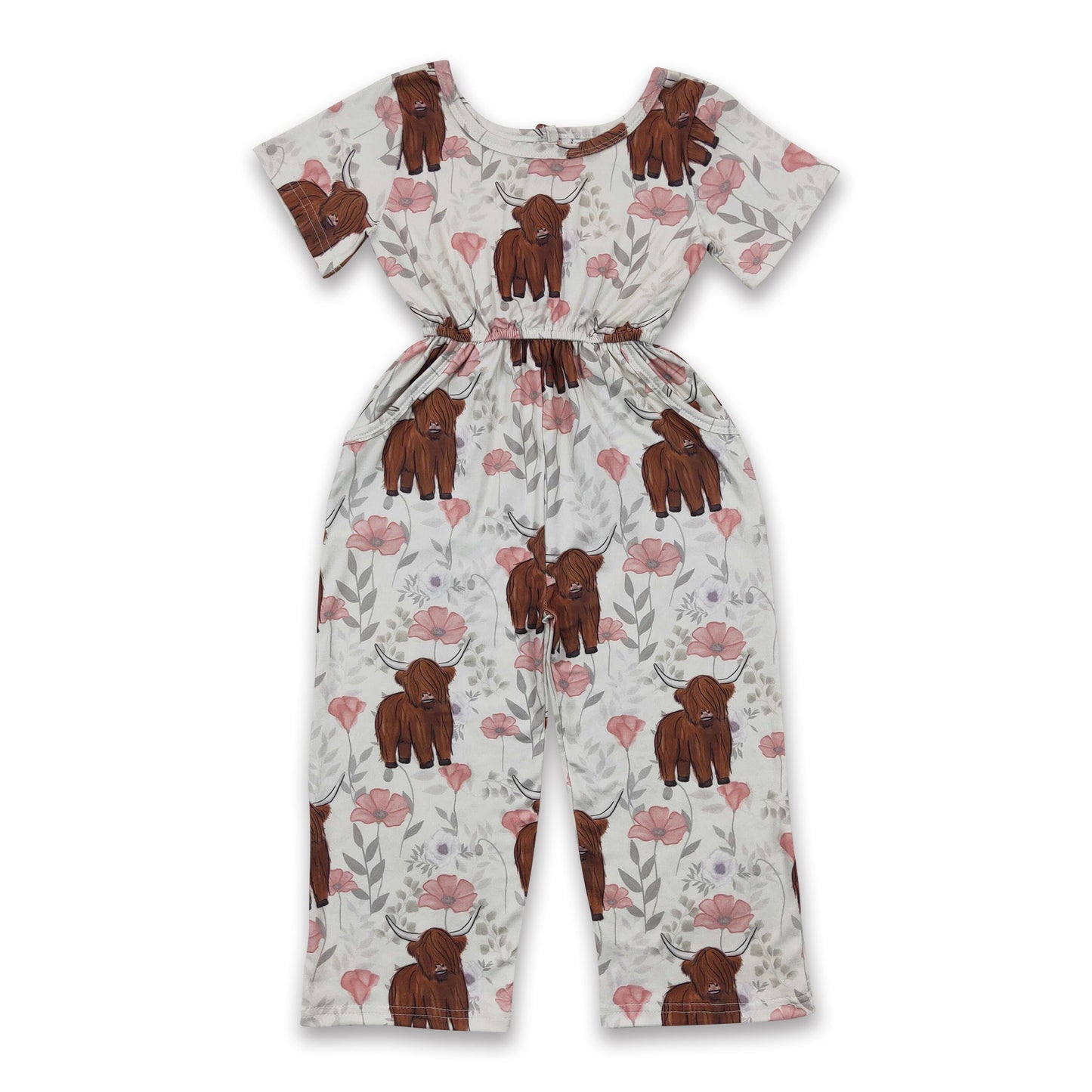 Kurzarm Highland Kuh Blumen Tasche Mädchen Jumpsuit