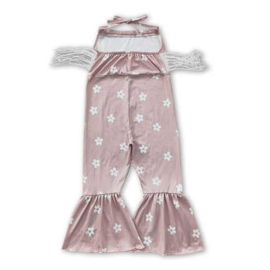 Khakifarbener Overall für kleine Mädchen mit Blumenmuster, Quasten und Neckholder