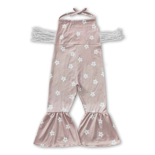 Khakifarbener Overall für kleine Mädchen mit Blumenmuster, Quasten und Neckholder