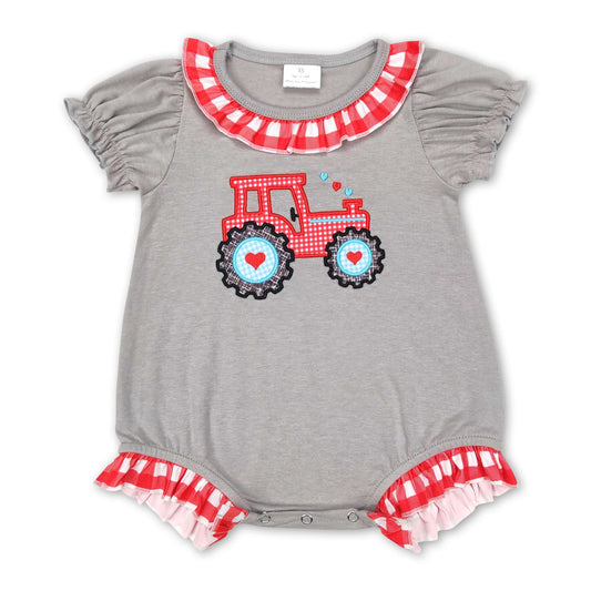 Traktor Herz kurze Ärmel grau Baby Mädchen Valentinstag Strampler