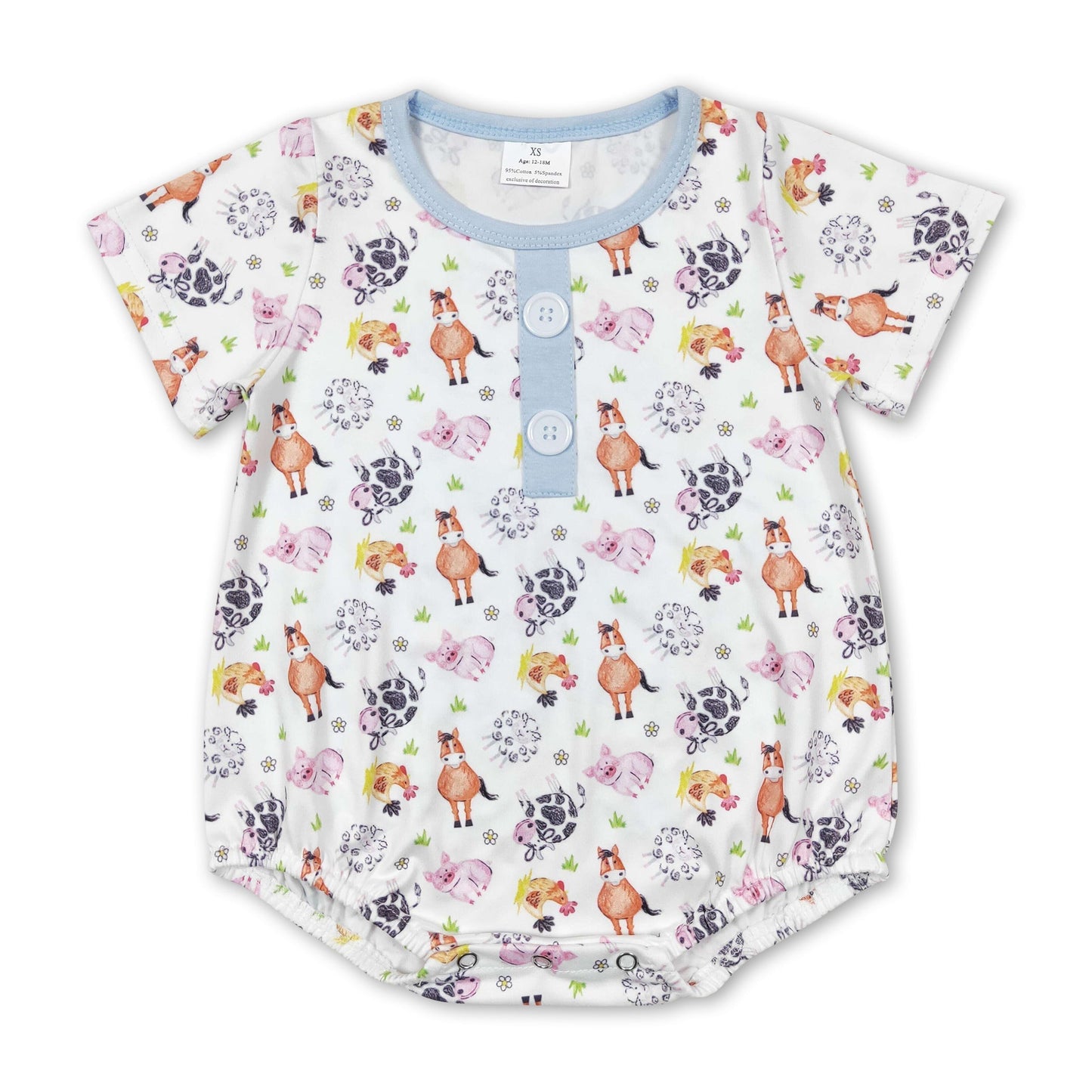 Hellblaues Baby-Jungen-Strampler mit Bauernhof-Motiv (Kuh, Schwein, Pferd, Huhn, Schaf)