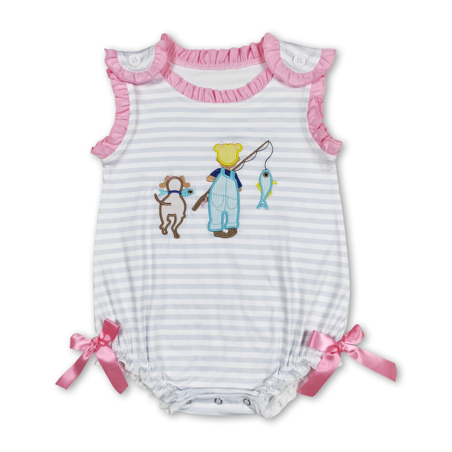 Ärmelloser Baby-Mädchen-Strampler mit Hunde- und Angelstreifen