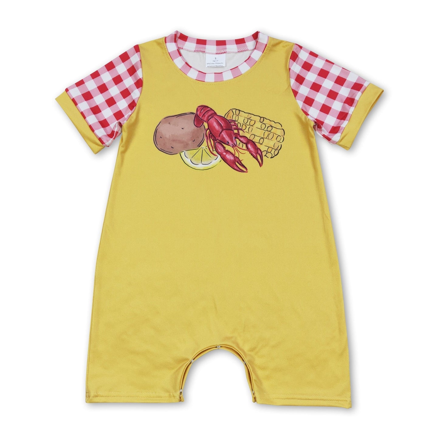 Kurzarm-Karo-Strampler für Baby-Jungen mit Mais- und Flusskrebs-Muster