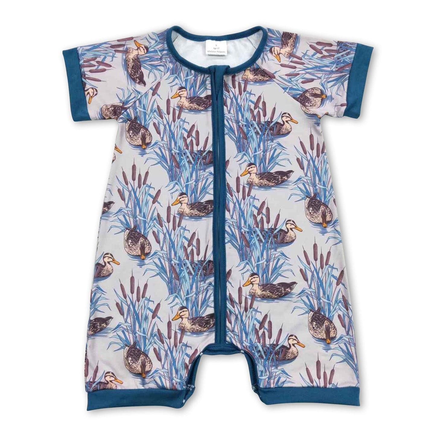 Blauer Baby-Jumpsuit mit Reißverschluss, kurzen Ärmeln und Entenmotiv für Jungen