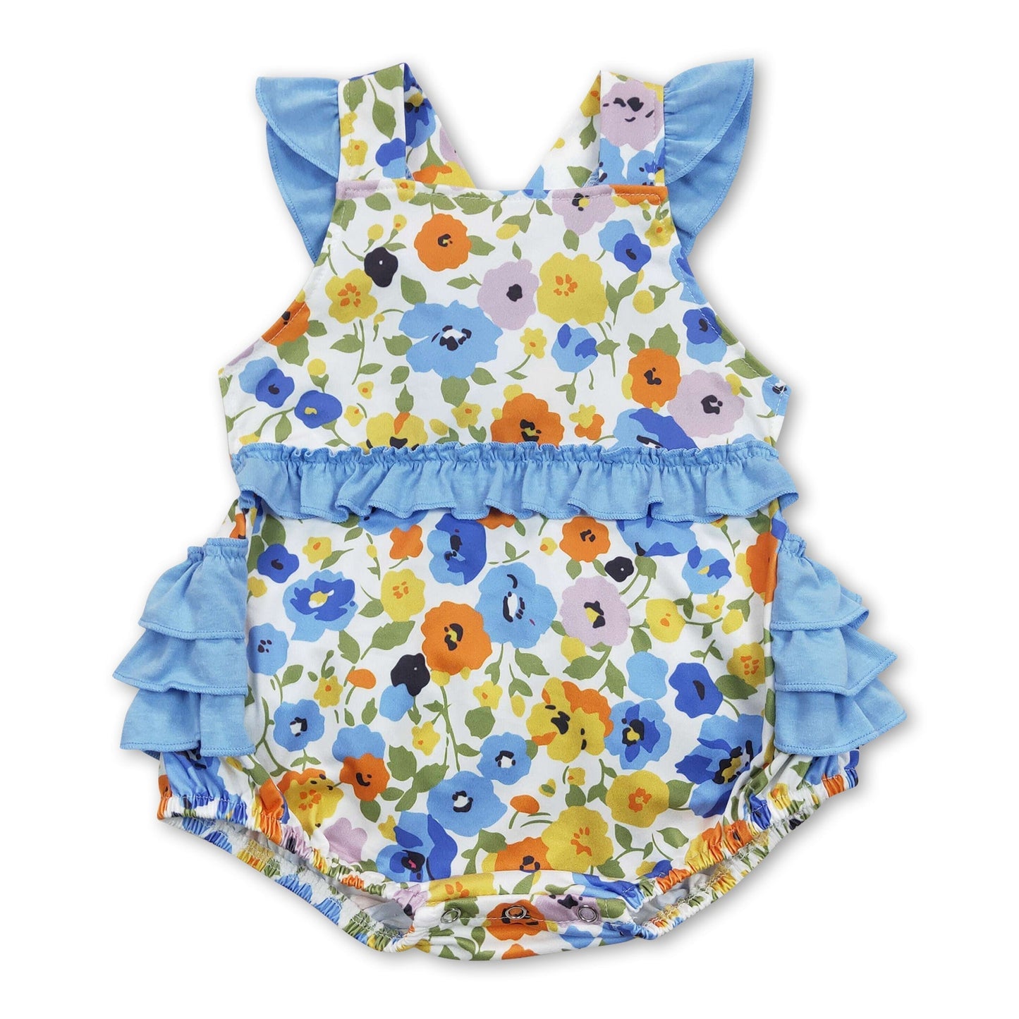 Strampler für Baby-Mädchen mit blauen Blumen und Flatterärmeln für den Sommer
