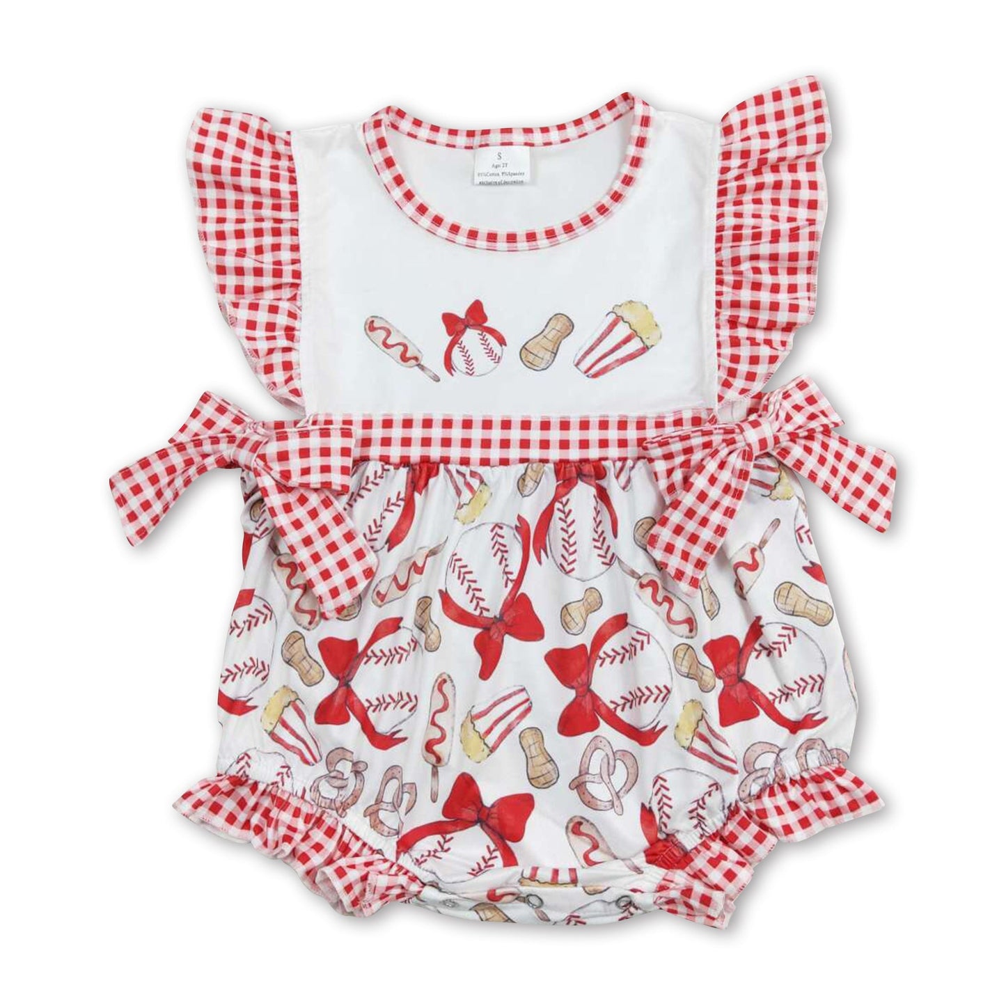 Rot karierter Strampler mit Rüschenärmeln für Baby-Mädchen, Baseball-Stil