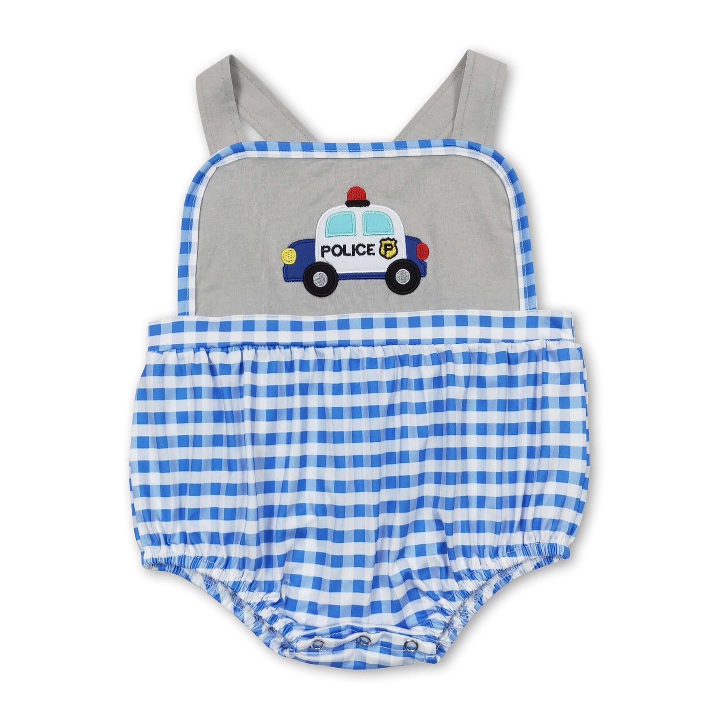 Polizeiauto blau karierter Baby-Jungen Sommerstrampler