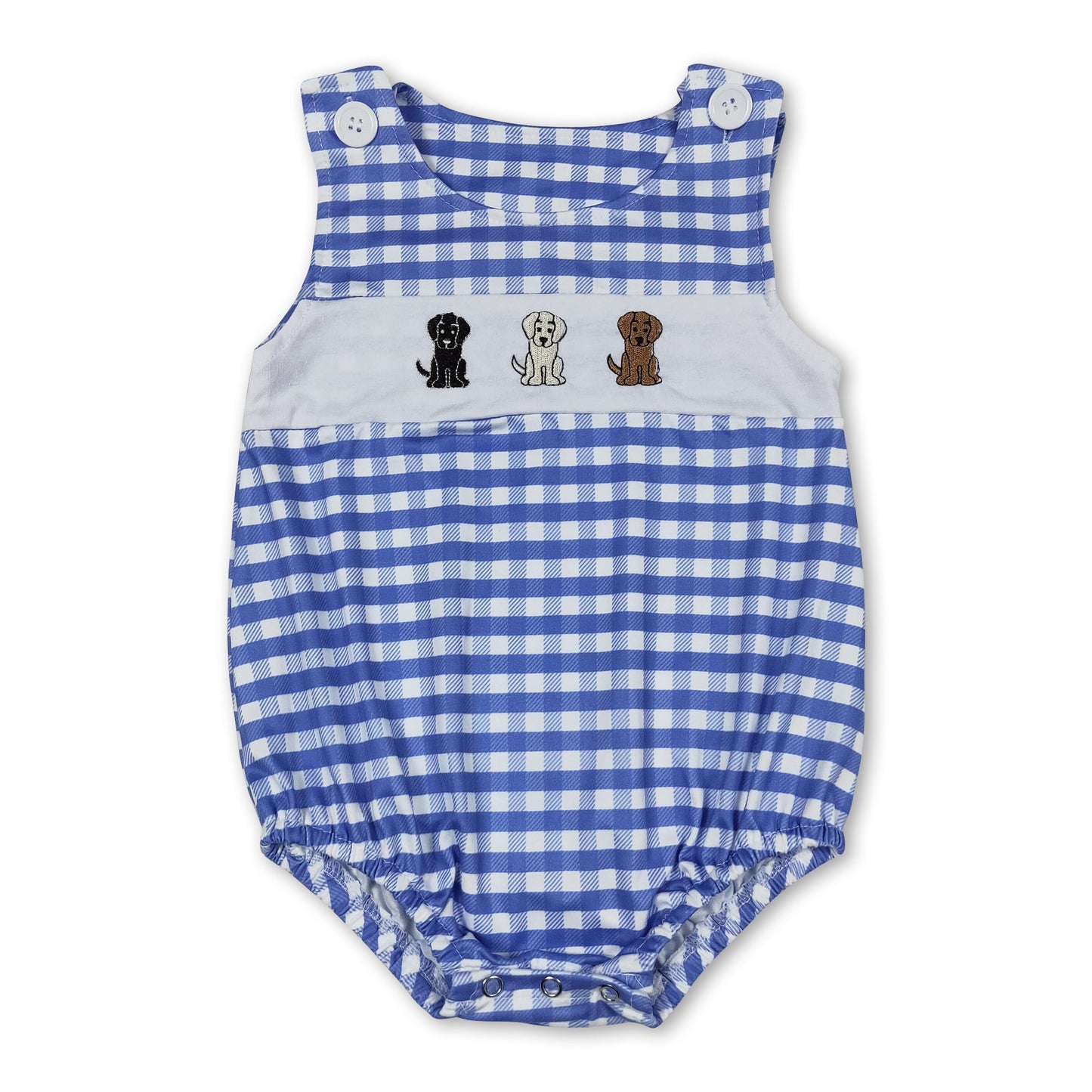 Ärmelloser Baby-Jungen-Strampler mit blauem Karomuster und Hunden
