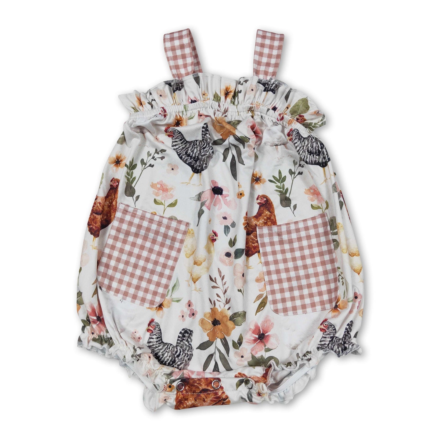 Ärmelloser floraler Hühner-Taschen-Strampler für Baby-Mädchen im Bauernhof-Stil