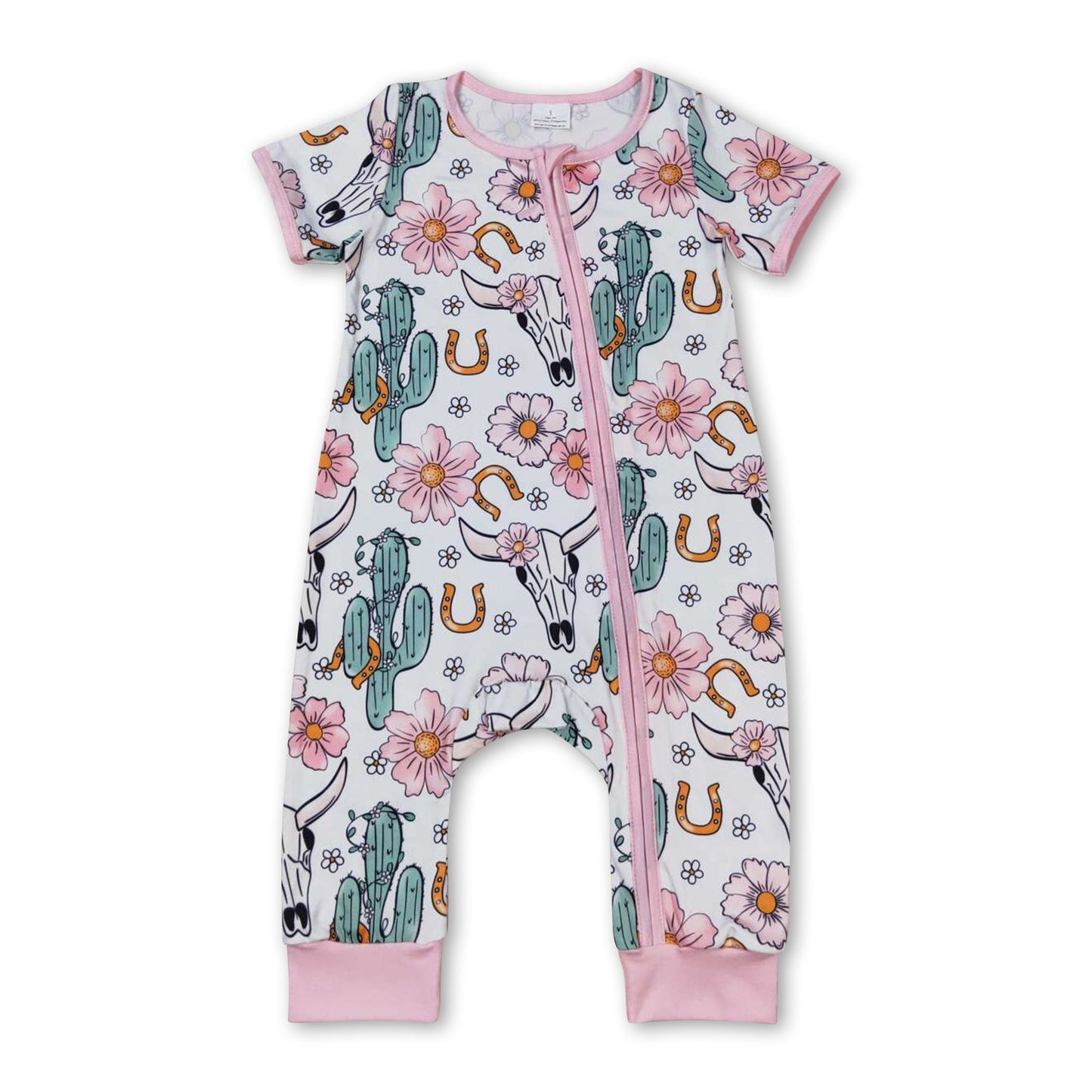 Strampler mit Reißverschluss für Baby-Mädchen, Kaktus-Blumenmuster, pinkfarbener Stierschädel