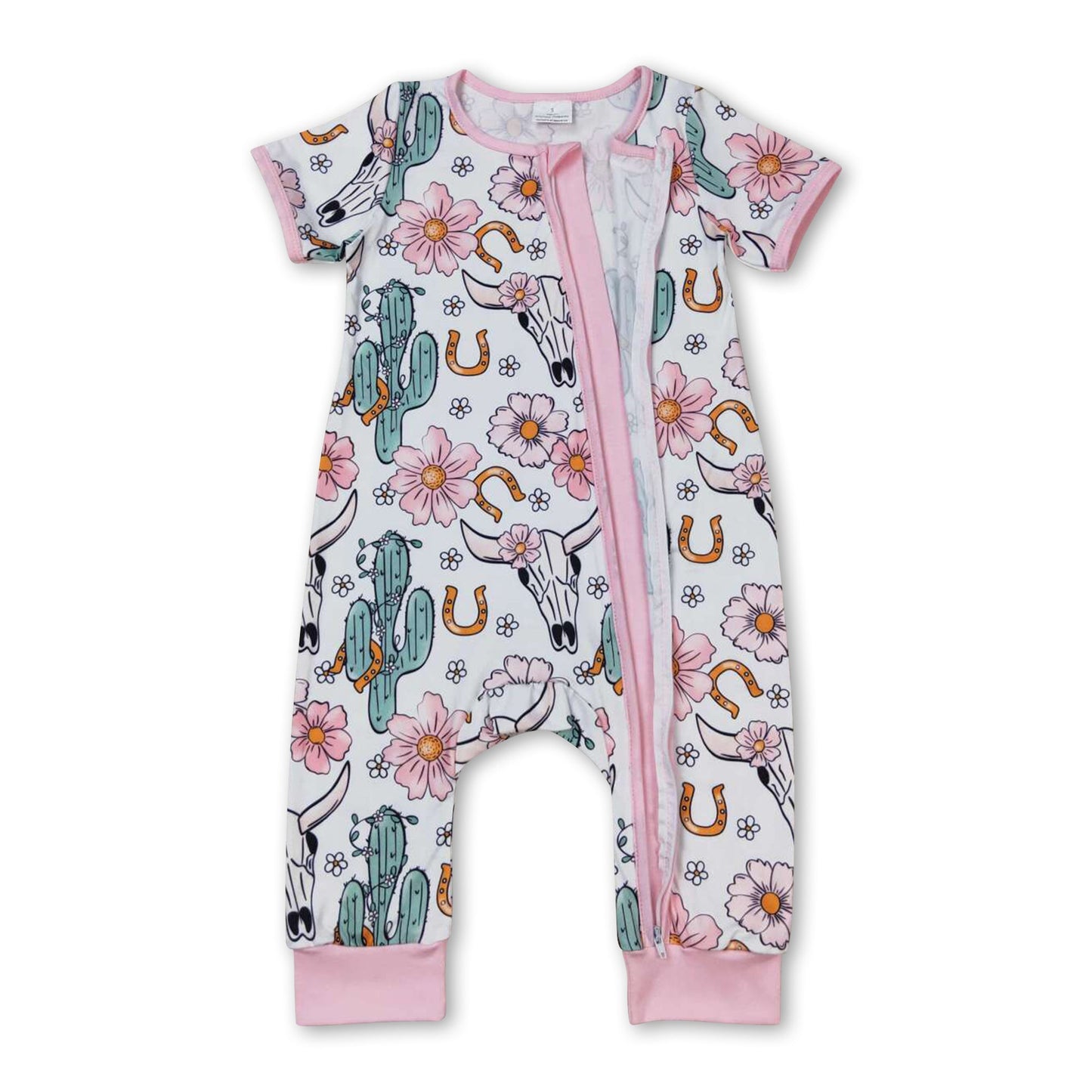 Strampler mit Reißverschluss für Baby-Mädchen, Kaktus-Blumenmuster, pinkfarbener Stierschädel