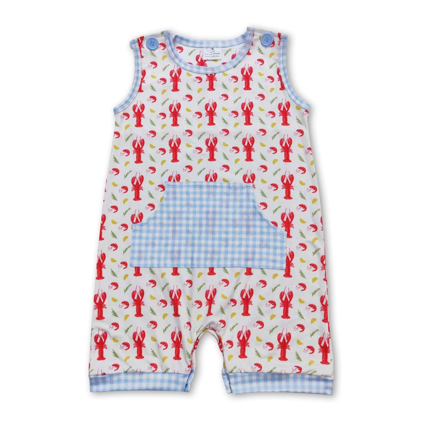 Ärmelloser Baby-Strampler für Jungen mit Karomuster, Taschen und Flusskrebs-Motiv