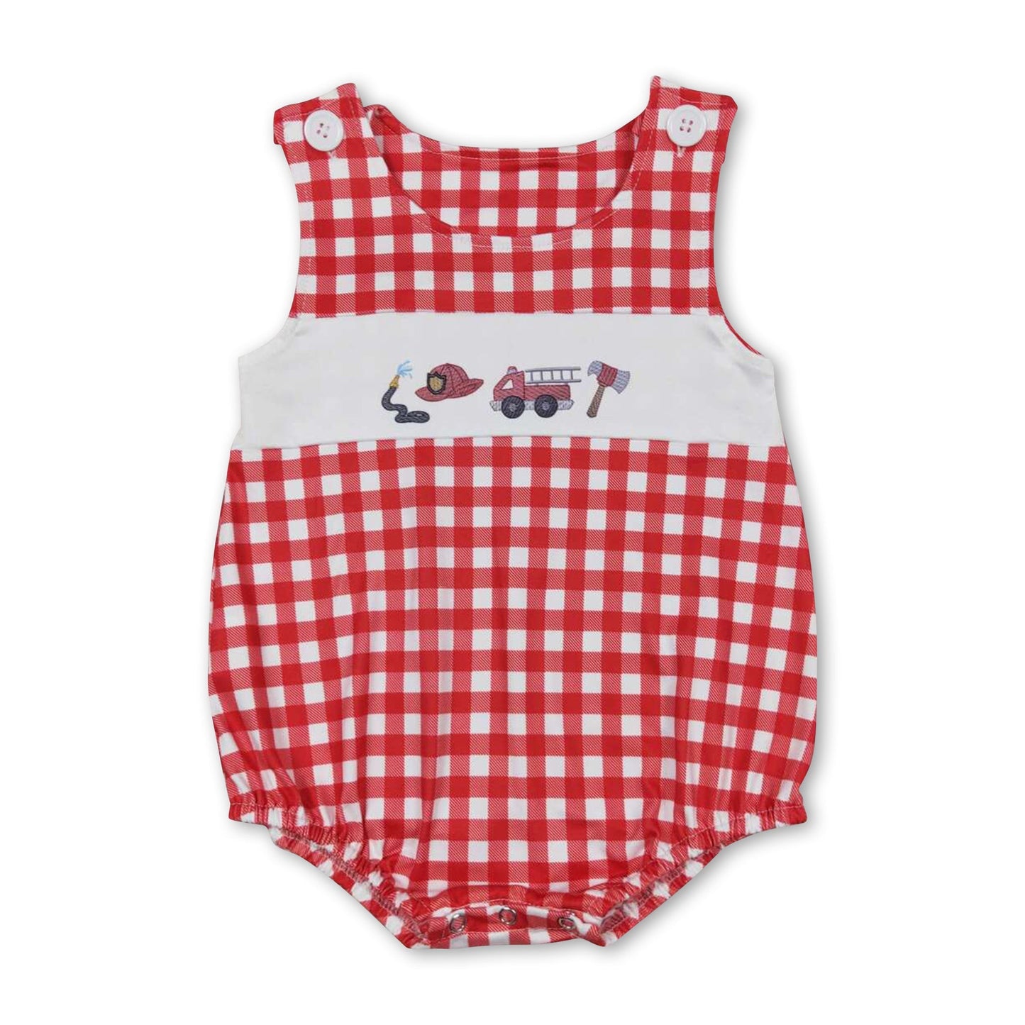Ärmelloser rot karierter Feuerwehrwagen-Strampler für Baby-Jungen (Sommer)