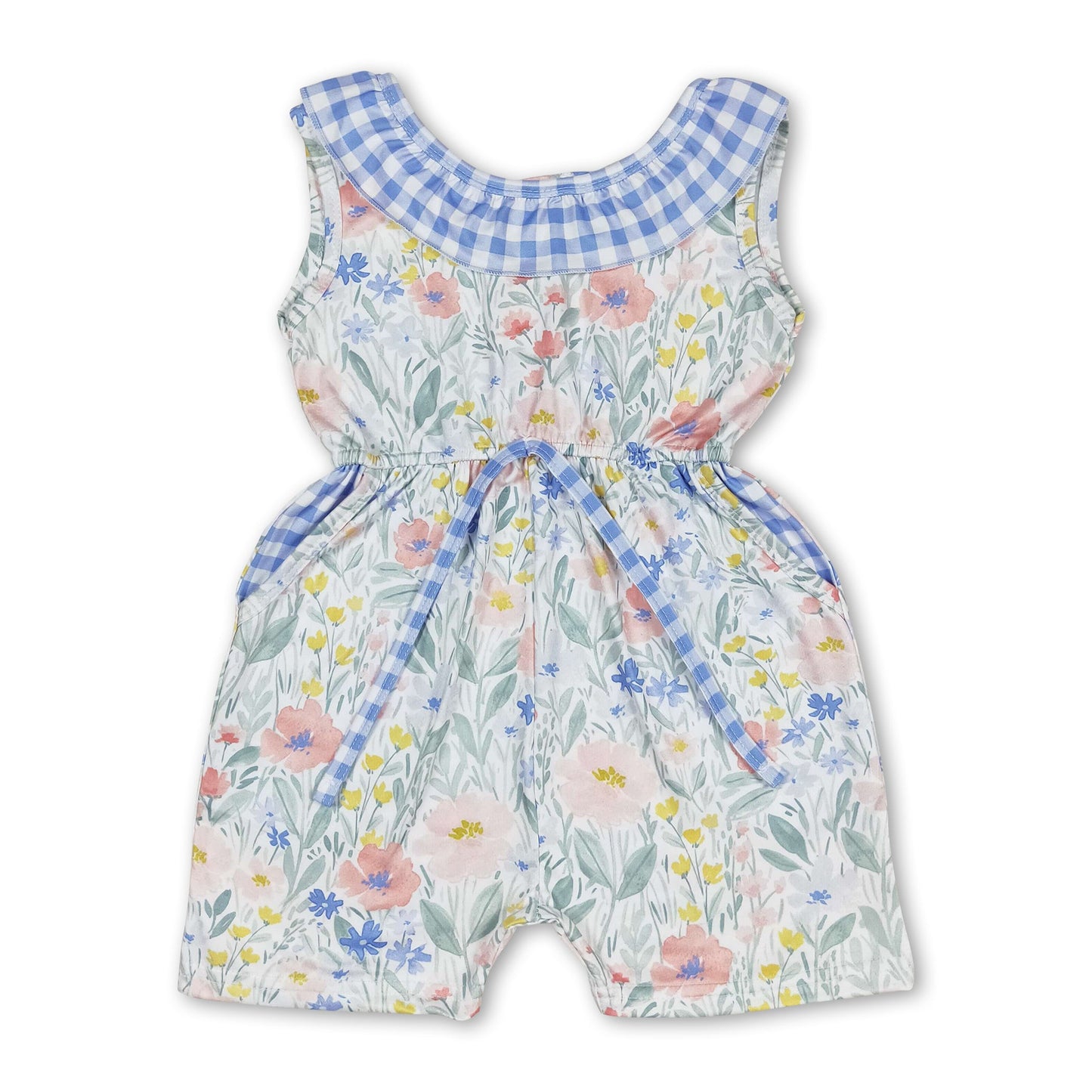 Blauer karierter Blumen-Jumpsuit mit Taschen für Babymädchen