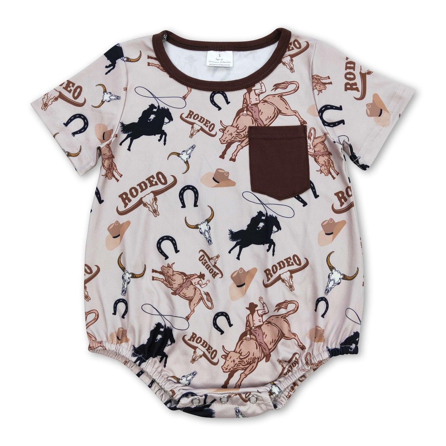 Kurzärmeliger brauner Strampler für Babys mit Tasche im Rodeo-Stil