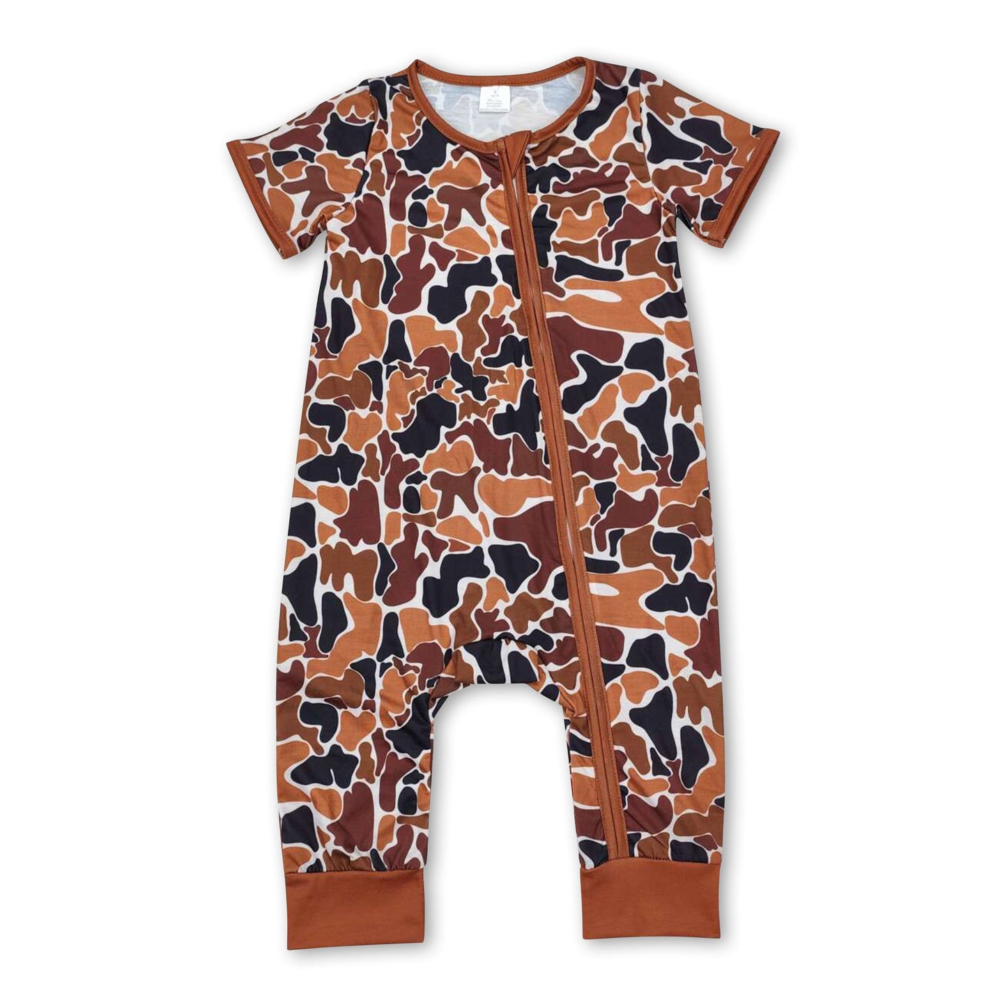 Brauner kurzer Overall mit Reißverschluss für Babys, Tarnmuster