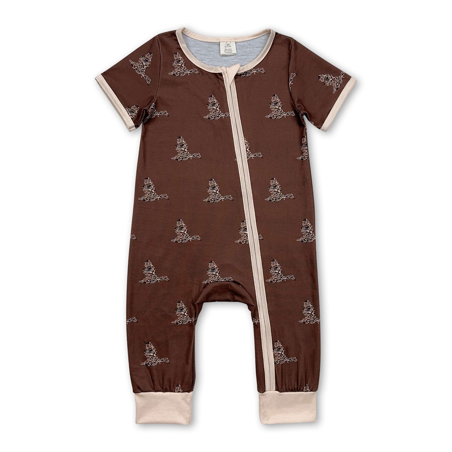 Kurzärmliger Baby-Schlafoverall mit Reißverschluss, braunem Camo-Entenmuster