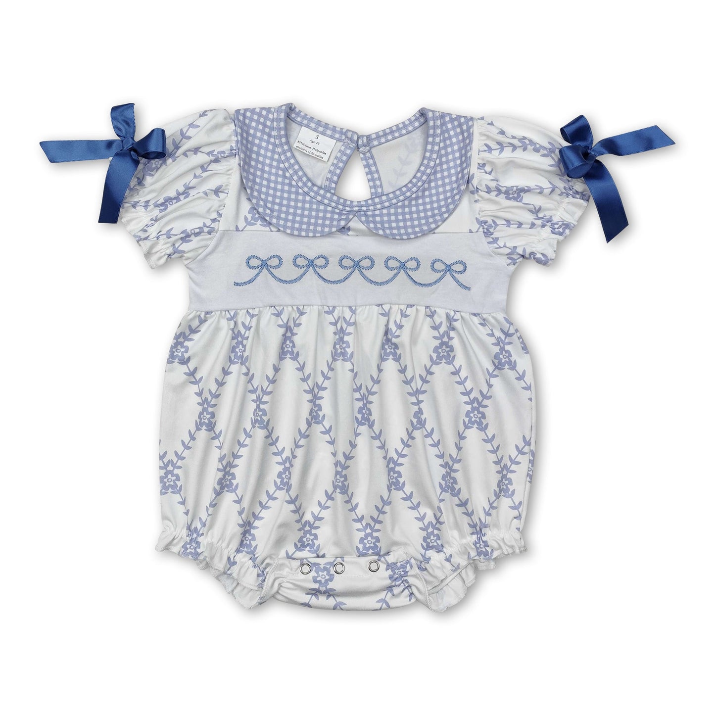 Kurzärmliger, hellblauer Strampler mit Schleife und Blumenmuster für Baby-Mädchen, Sommer