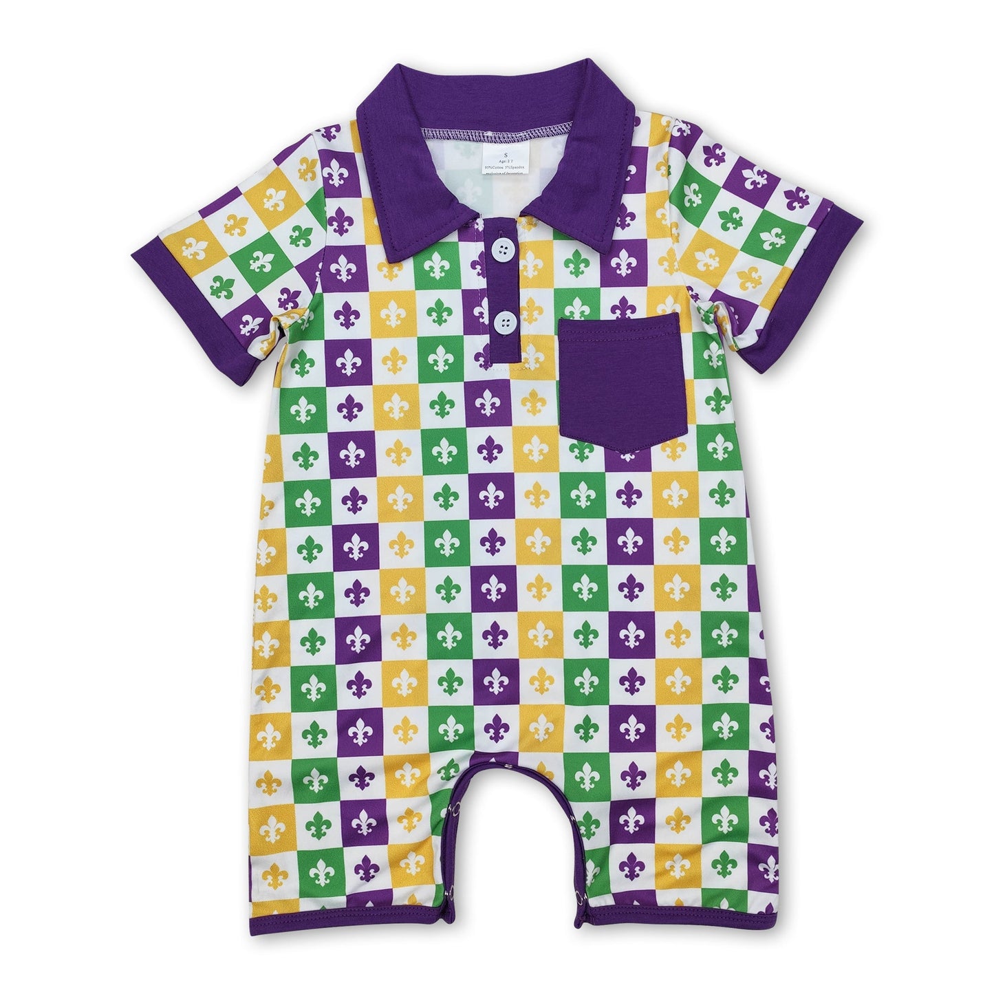 Lila Baby-Jungen-Polo-Strampler mit kurzen Ärmeln und Tasche, Mardi Gras