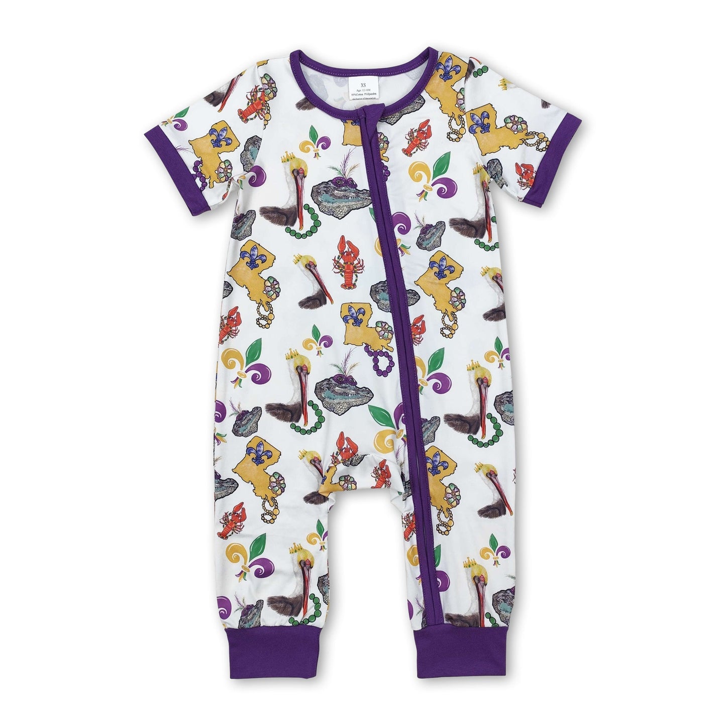 Lila kurzärmeliger Strampler mit Pelikan-Motiv für Baby-Mädchen, Karneval, mit Reißverschluss