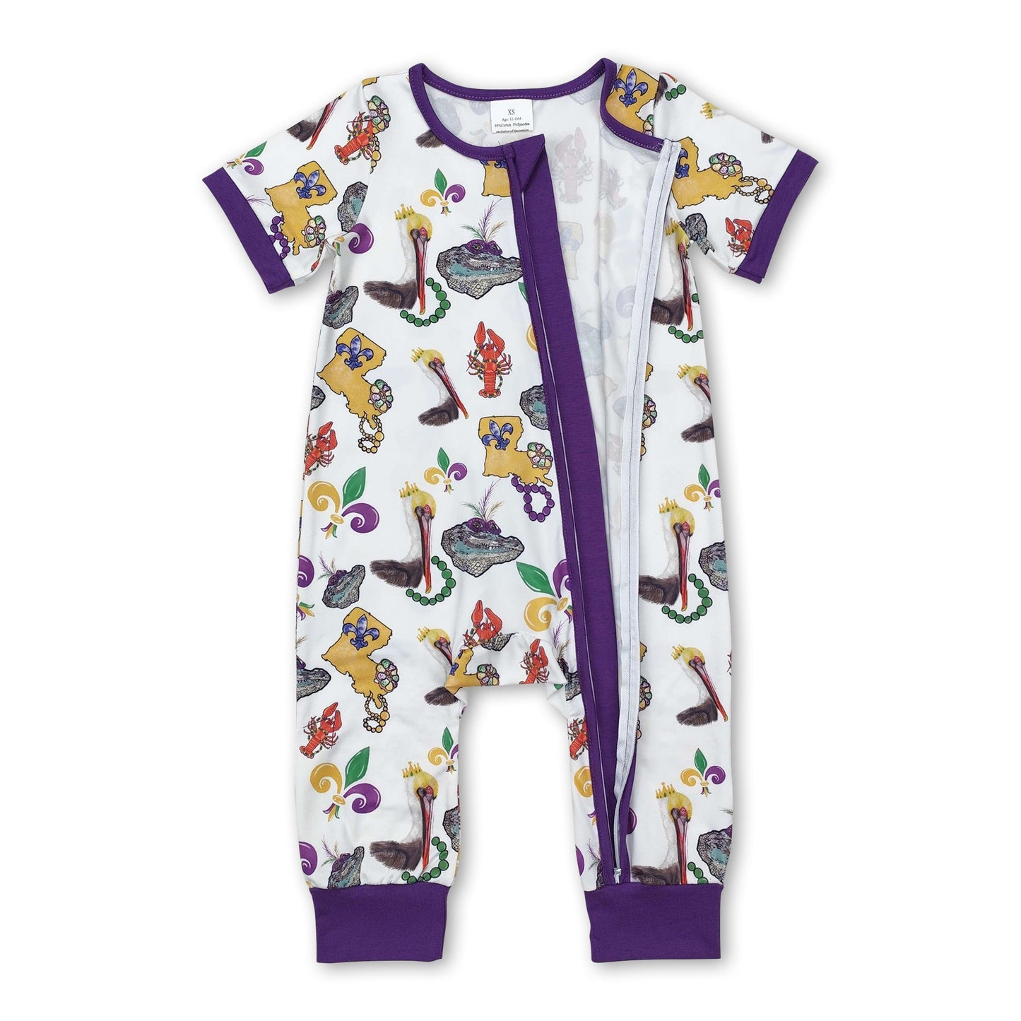 Lila kurzärmeliger Strampler mit Pelikan-Motiv für Baby-Mädchen, Karneval, mit Reißverschluss