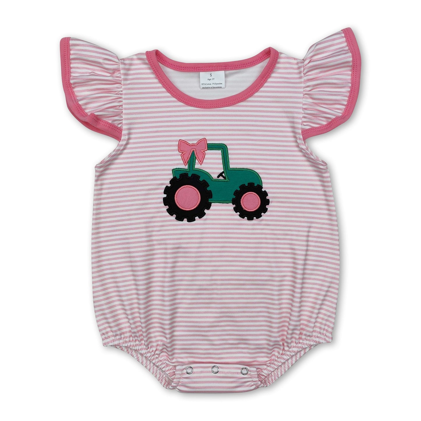 Baby-Strampler mit Rüschenärmeln, pinkfarbenem Streifen und Traktormotiv für Mädchen