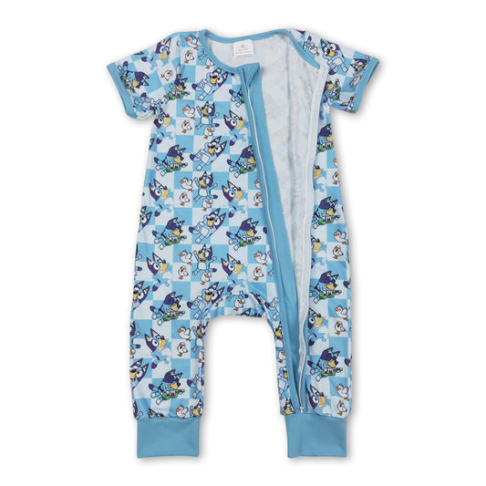 Blue short sleeves plaid dog baby kids zipper romper