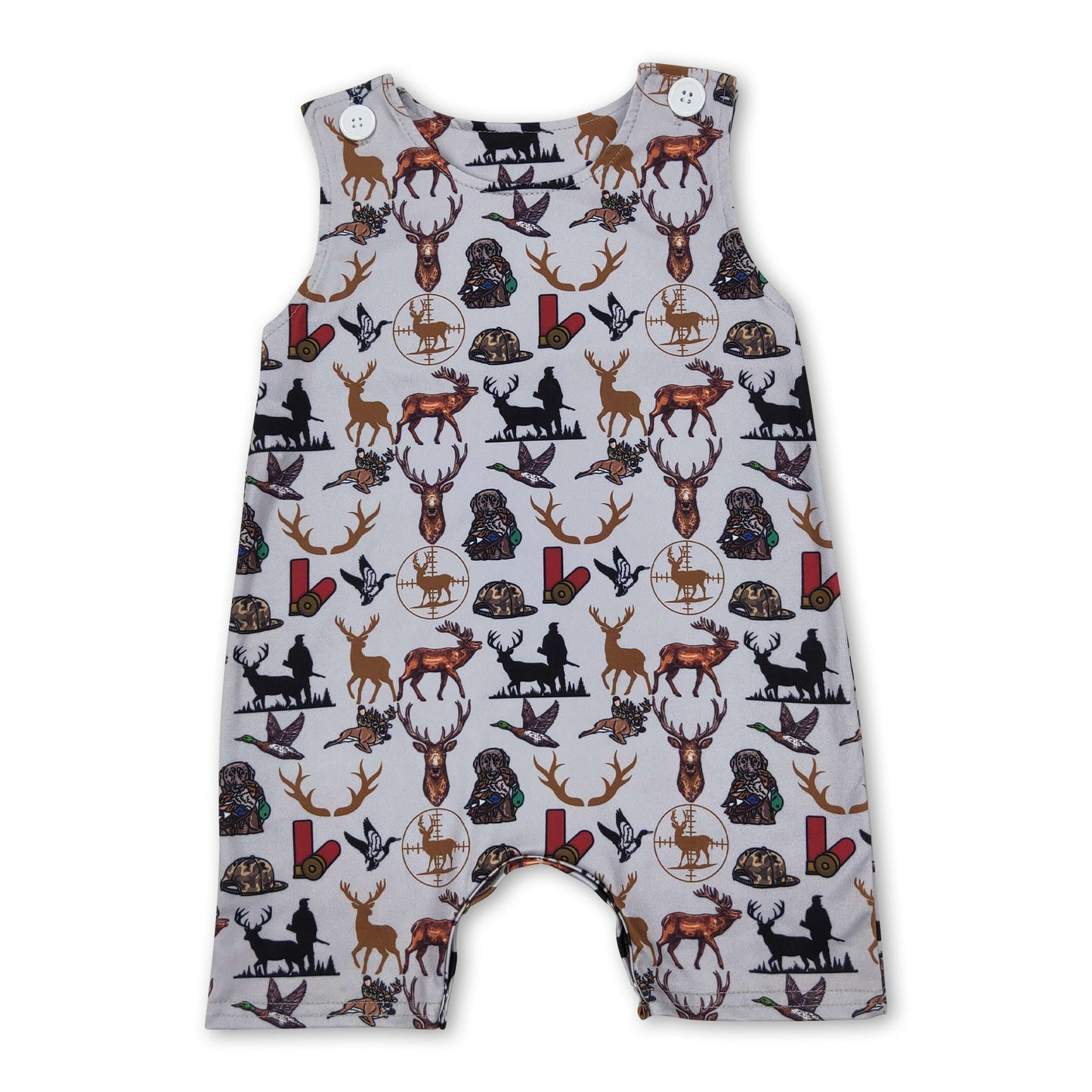 Ärmelloser Baby-Strampler mit Hirsch-Enten-Hundejagd-Motiv
