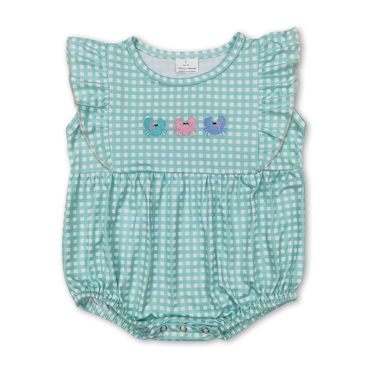 Strampler für Baby-Mädchen, kariert, mit Rüschenärmeln und Krabbe, für den Sommer
