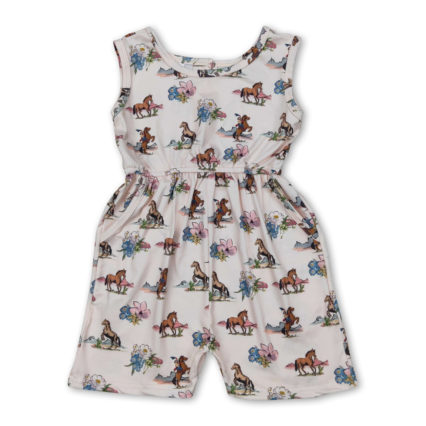 Sleeveless horse rodeo floral western girls jumpsuit