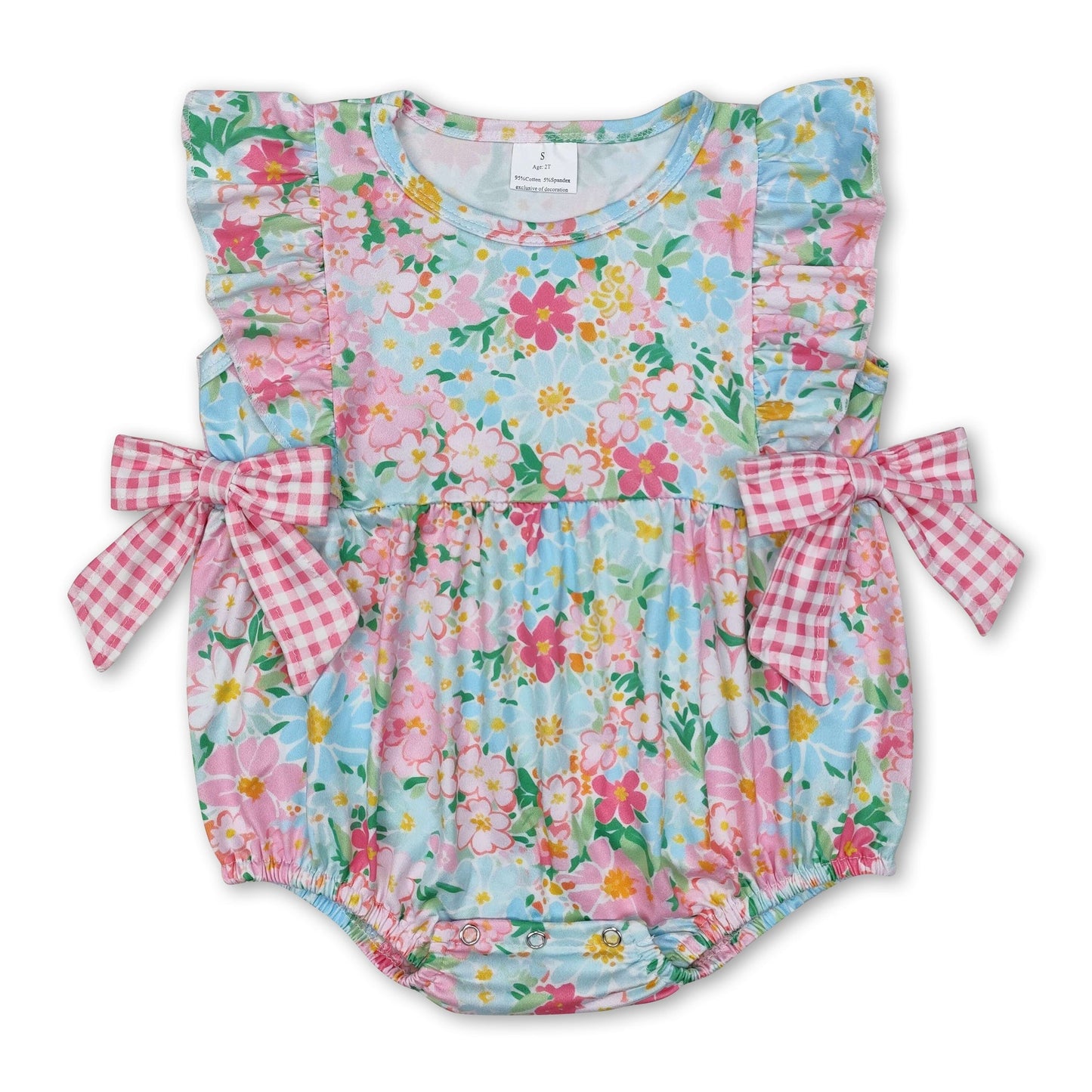 Rüschen-Blumenmuster rosa karierter Schleifen-Strampler für Baby-Mädchen, Sommer