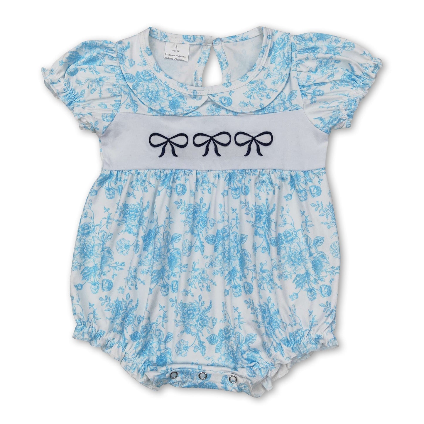 Kurzarm hellblauer Blumen-Strampler mit Schleife für Baby-Mädchen, Sommer
