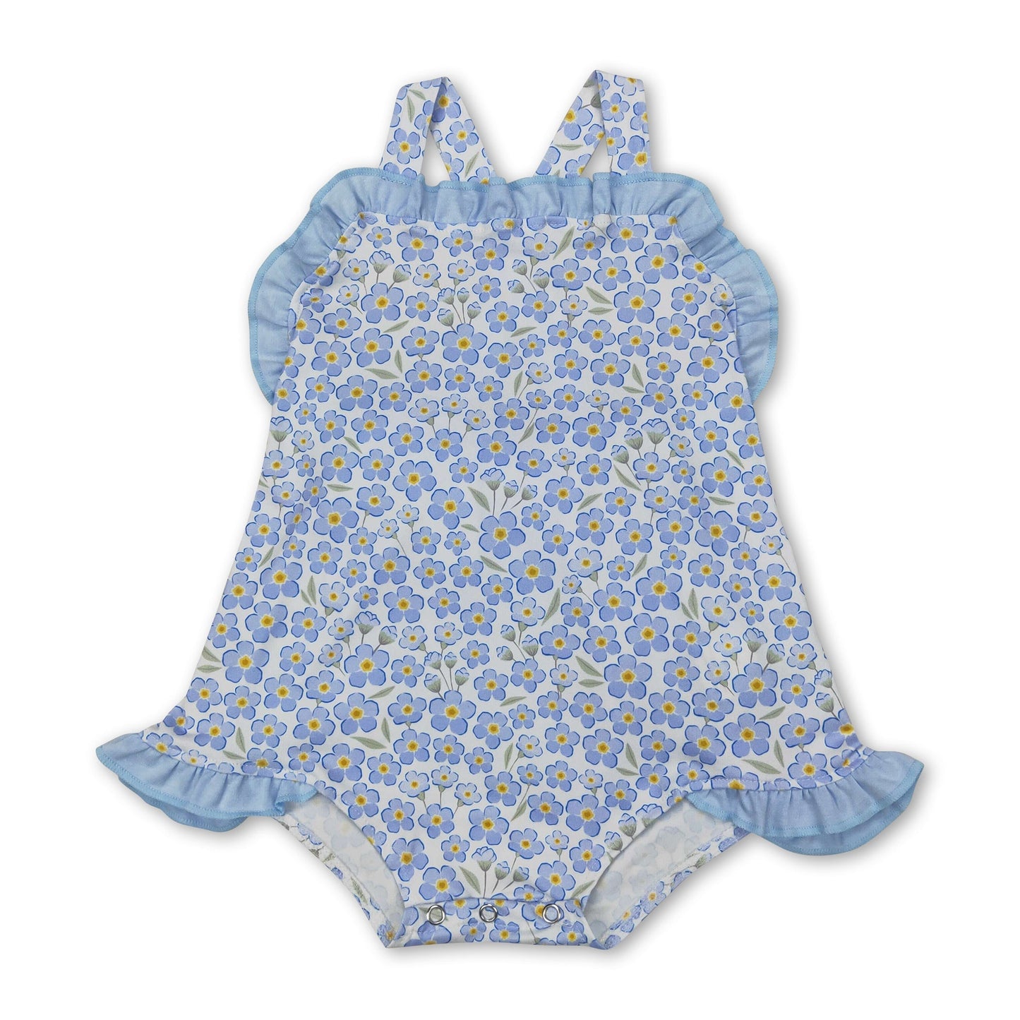 Träger blauer Rüschen Strampler für Baby-Mädchen, Blumenmuster, Sommer