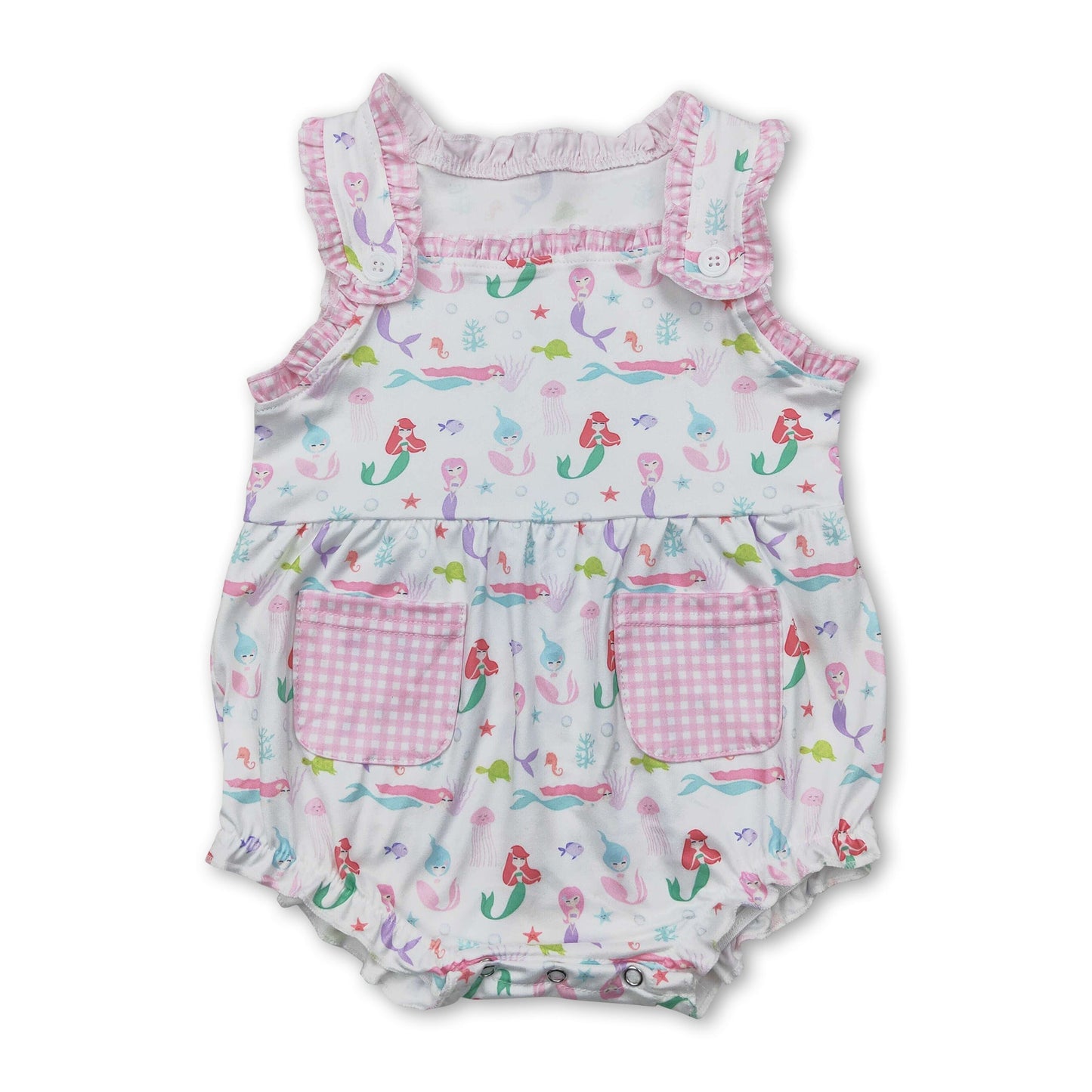 Ärmelloser Overall für Baby-Mädchen mit Karomuster, Taschen, Krake, Fisch und Schildkröte